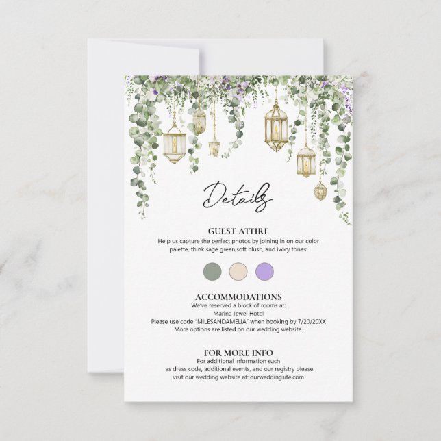 Eucalyptus and Purple Floral Wedding Details Card (Front)