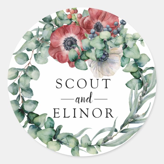 Eucalyptus and Red Floral Wedding Favour Classic Round Sticker (Front)