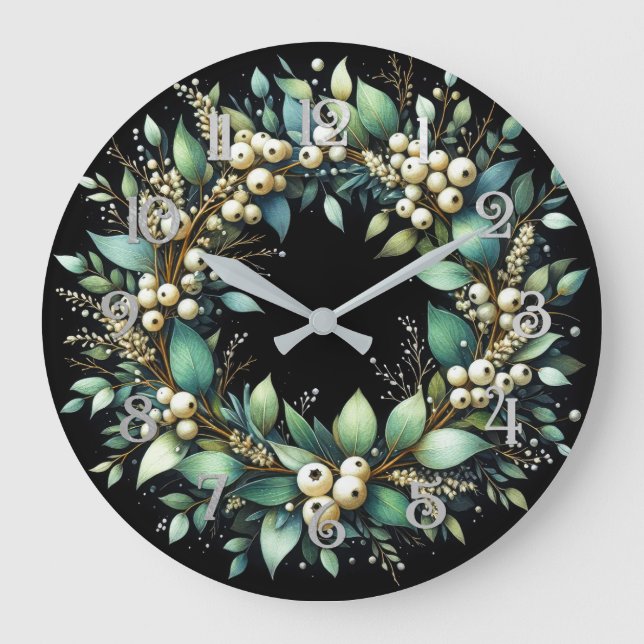 Eucalyptus and Snowberries Wreath Chalk Pastel Large Clock (Front)