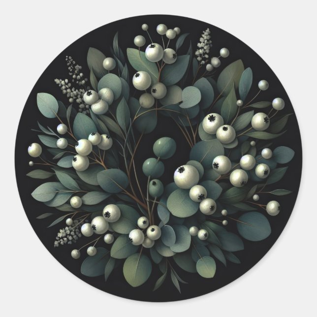 Eucalyptus and Snowberries Wreath Watercolor Classic Round Sticker (Front)