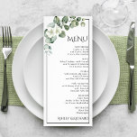 Eucalyptus and white flowers wedding menu card<br><div class="desc">This BUDGET wedding menu card showcase a delicate eucalyptus branch adorned with white blossoms and sage green green leaves. Encircling the design is a sleek black border, adding a touch of elegance to the overall look. The word 'MENU' and the names of the couple are artistically presented in decorative typography,...</div>