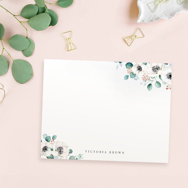 Eucalyptus Anemone Floral Personalized Stationery  Card (Eucalyptus Anemone Floral Personalized Stationery Note Card)