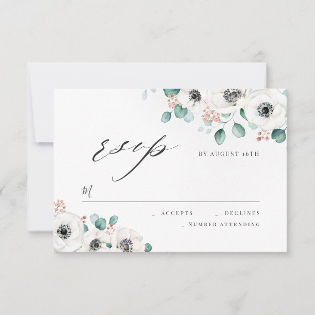 Eucalyptus anemone floral rustic wedding RSVP Card (Front)