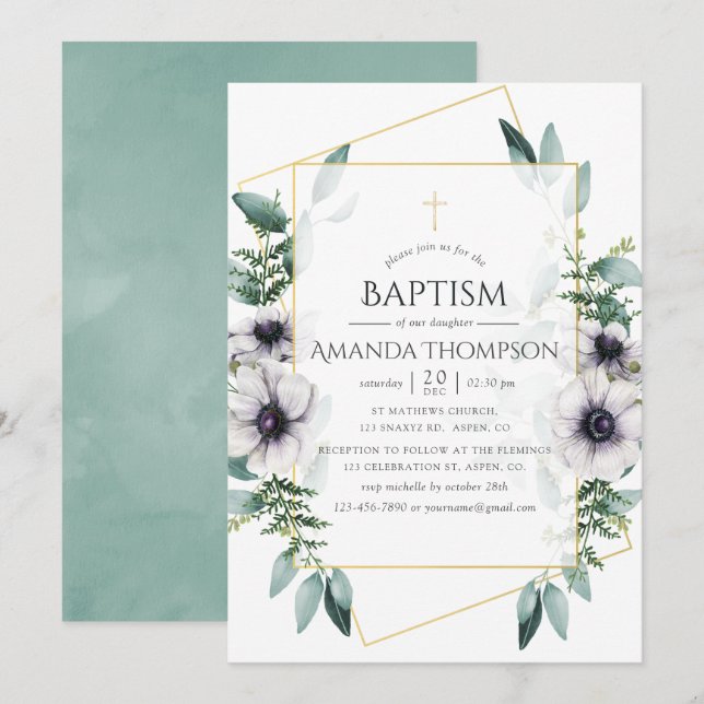 Eucalyptus Anemone Geometric Baptism/Christening Invitation (Front/Back)