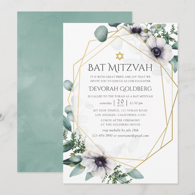 Eucalyptus Anemone Geometric Bat Mitzvah Invitation (Front/Back)