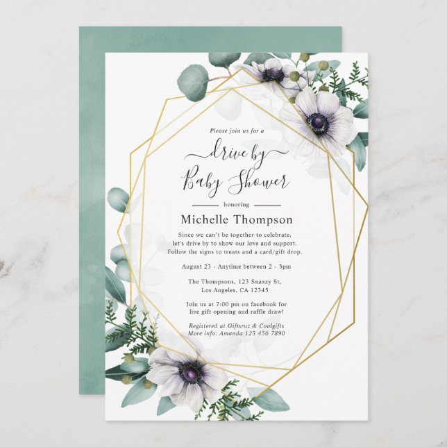 Eucalyptus Anemone Geometric Drive By Shower Invitation (Front/Back)