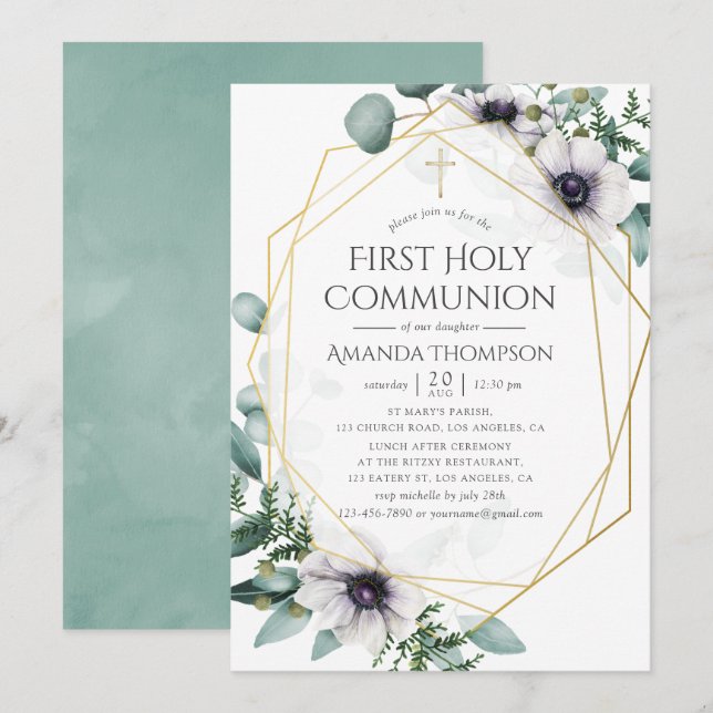 Eucalyptus Anemone Geometric First Holy Communion Invitation (Front/Back)