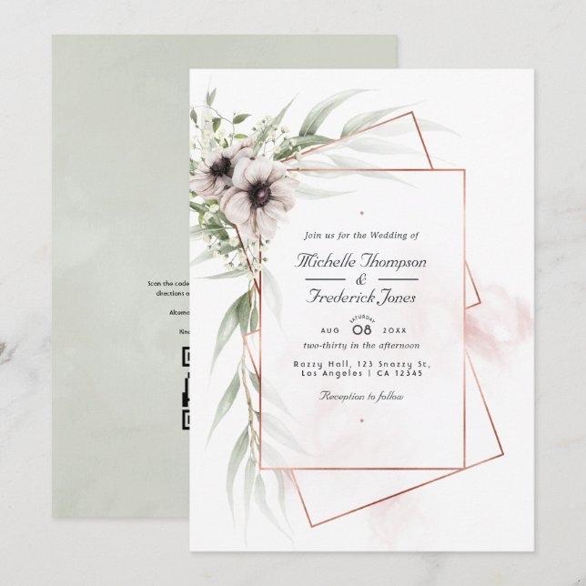 Eucalyptus Anemone Geometric QR Code RSVP Wedding Invitation (Front/Back)