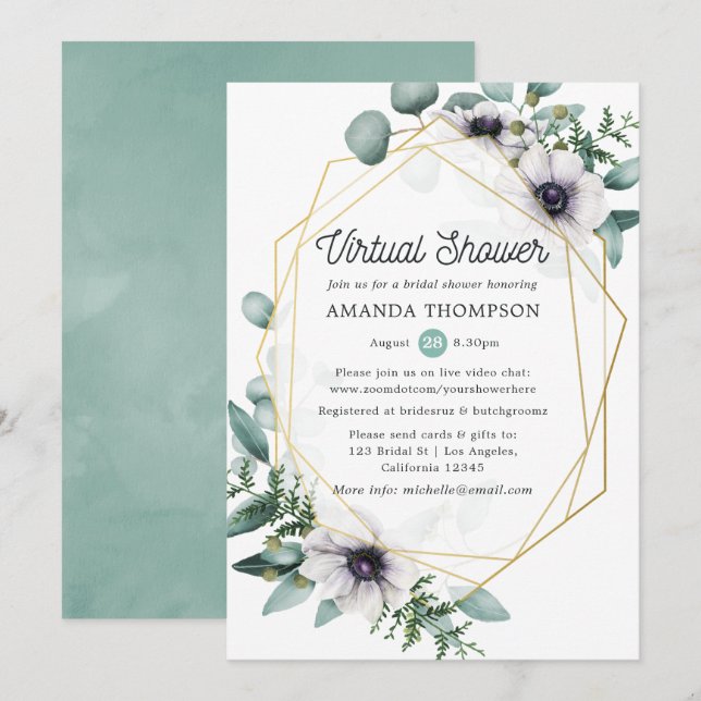Eucalyptus Anemone Geometric Virtual Bridal Shower Invitation (Front/Back)