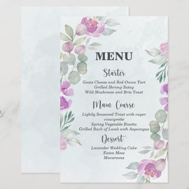 Eucalyptus Aquarelle Dusty Blue Menu Mariage (Devant / Derrière)