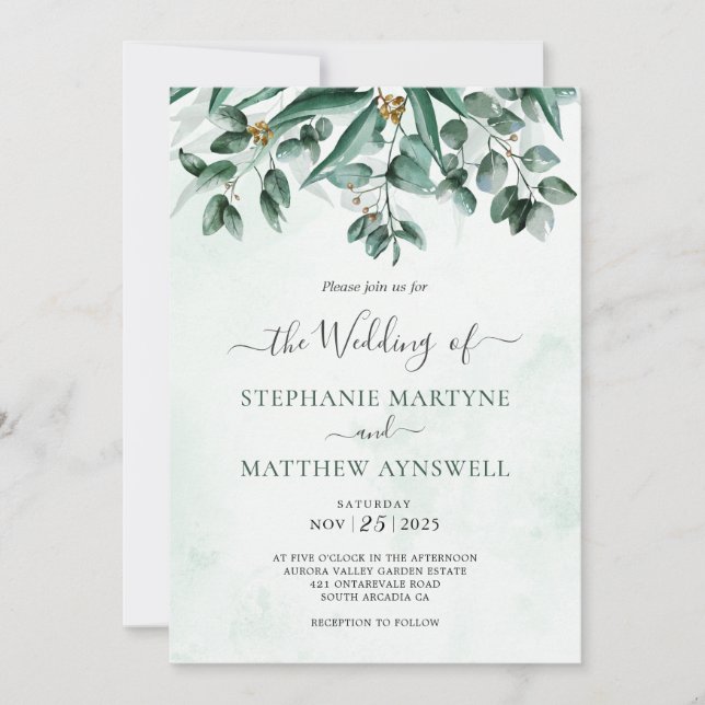 Eucalyptus Aquarelle Faire-part de mariage de feui (Devant)
