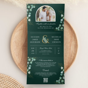 Eucalyptus Arch Emerald Green QR Code Wedding Tri-Fold Invitation