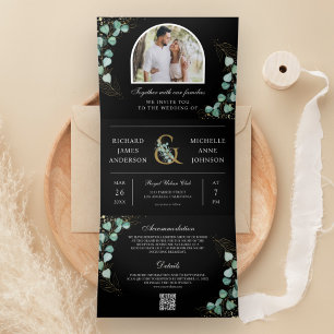 Eucalyptus Arch Photo Black QR Code Wedding Tri-Fold Invitation