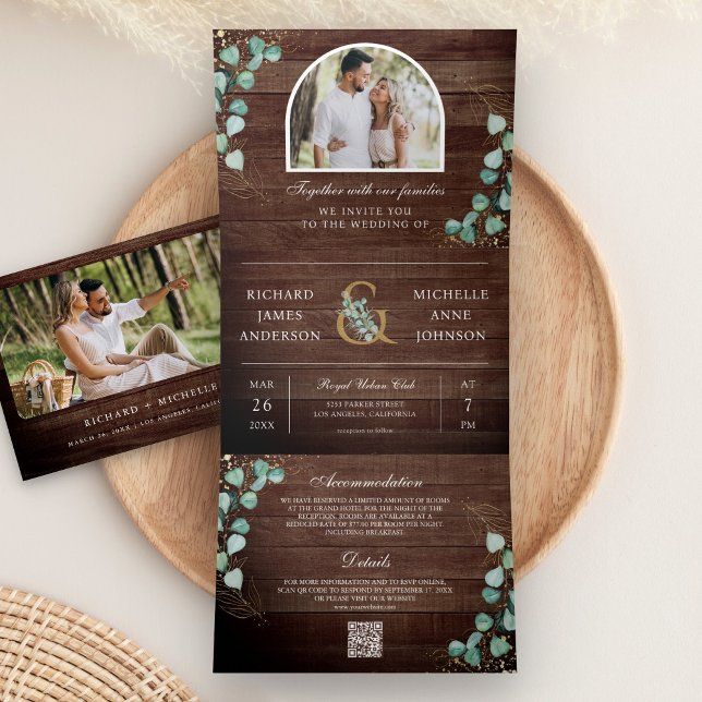 Eucalyptus Arch Photo Rustic Wood QR Code Wedding Tri-Fold Invitation (Creator Uploaded)