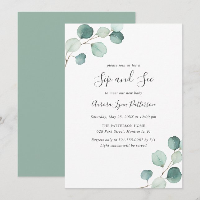 Eucalyptus Baby Elegant Sip and See Invitation (Front/Back)