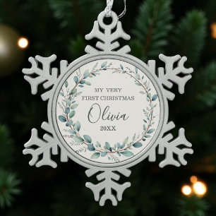 Eucalyptus Baby First Christmas Minimalist Modern Snowflake Pewter Christmas Ornament