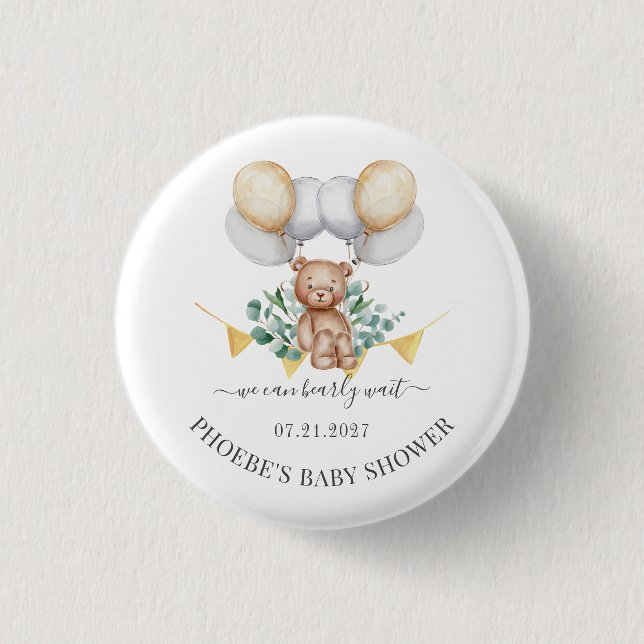 Eucalyptus Baby Shower Bearly Wait Bear & Balloons 1 Inch Round Button (Front)