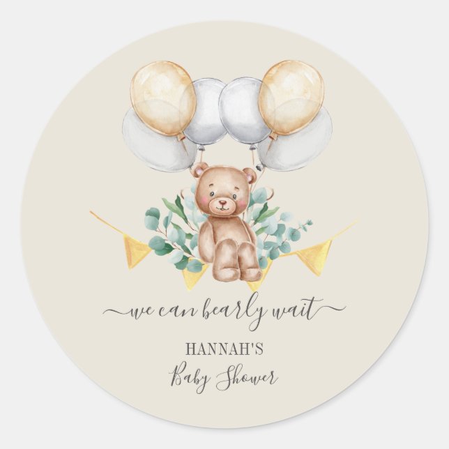 Eucalyptus Baby Shower Bearly Wait Bear & Balloons Classic Round Sticker (Front)