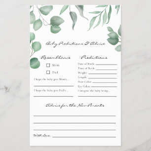 Eucalyptus Baby Shower Game Predictions & Advice Flyer