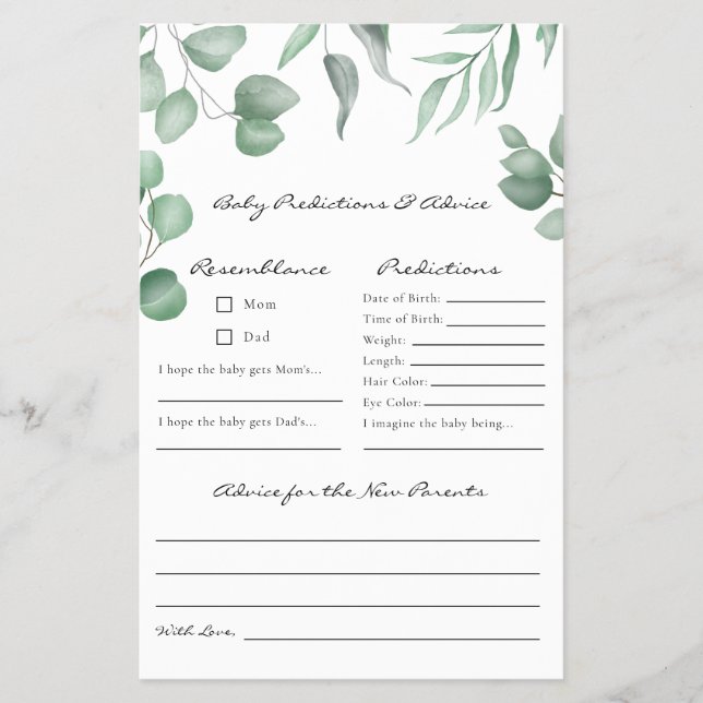 Eucalyptus Baby Shower Game Predictions & Advice Flyer (Front)
