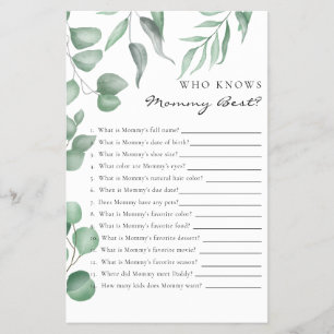 Eucalyptus Baby Shower Game Who knows Mommy Best Flyer