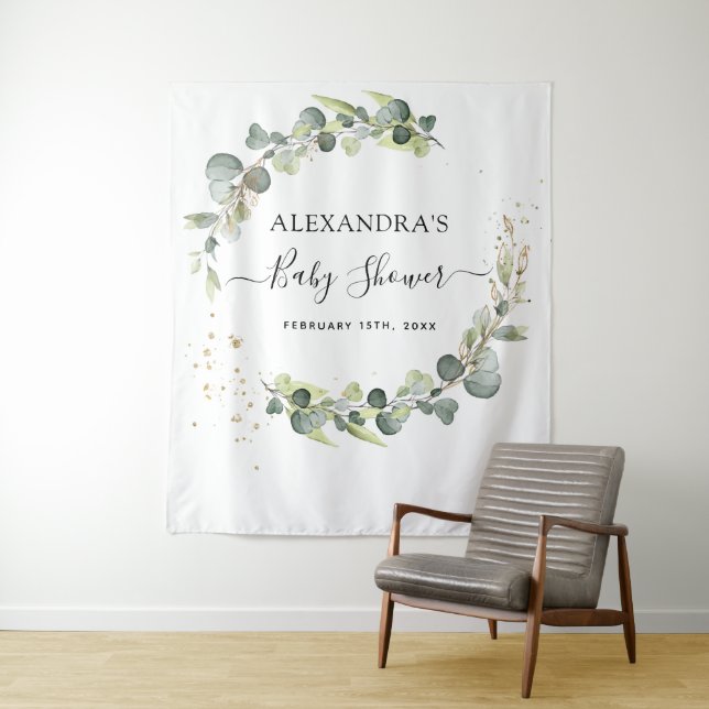 Eucalyptus Baby Shower Photo Booth Backdrop Tapestry (In Situ)