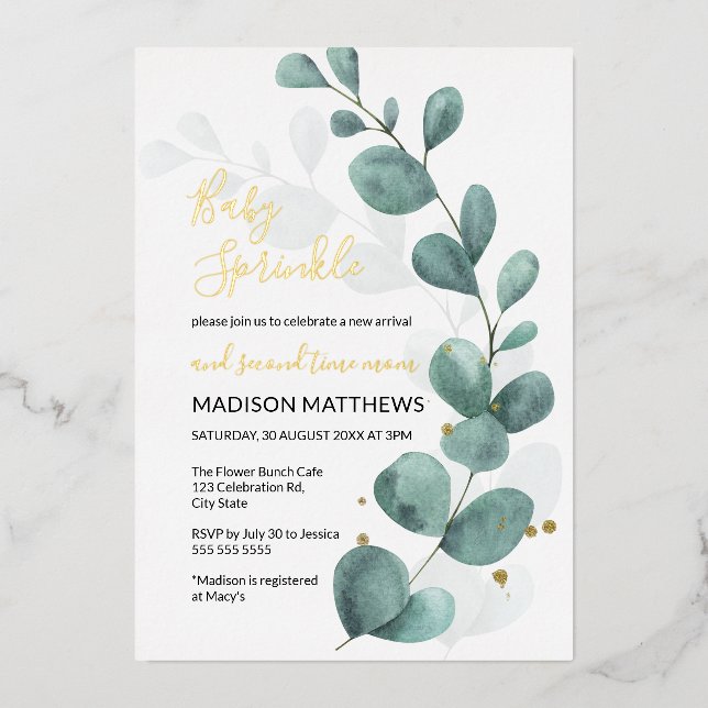 Eucalyptus Baby Sprinkle Greenery & Gold  Foil Inv (Front)