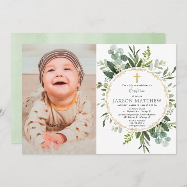 Eucalyptus baptism, greenery foliage modern photo invitation (Front/Back)
