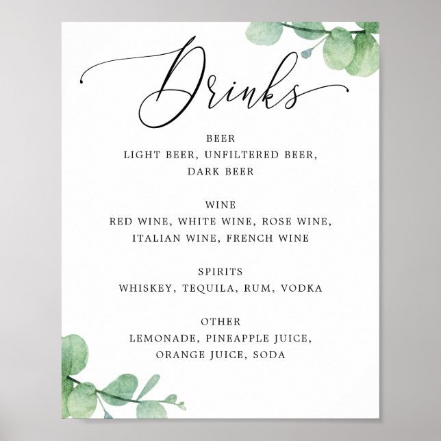Eucalyptus Bar Menu Sign | Elegant Wedding Drinks (Front)