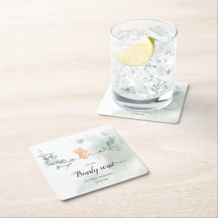 Eucalyptus Bear Baby Shower Square Paper Coaster