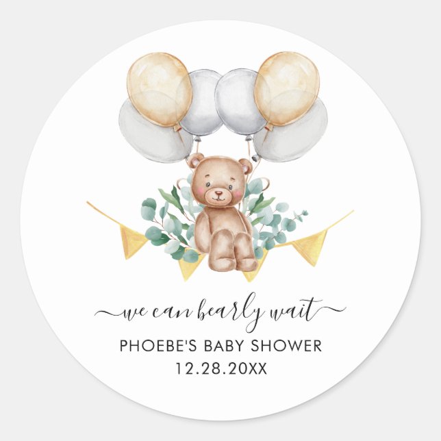 Eucalyptus Bear Balloons Baby Shower Classic Round Sticker (Front)