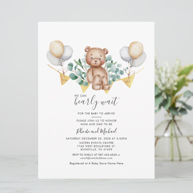 Eucalyptus Bear Couple Baby Shower Greenery Script Invitation (Standing Front)