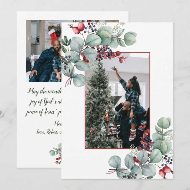 Eucalyptus, Berries, Spruce, 2-Photo Christmas Announcement (Front/Back)