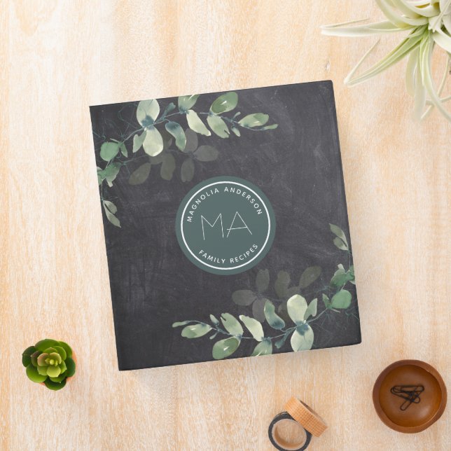 Eucalyptus Black Chalkboard Monogram Recipe Binder (In Situ)