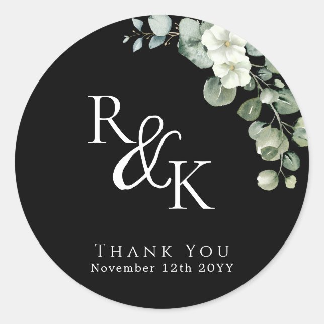 Eucalyptus Black & White Minimalist Monogram wedd Classic Round Sticker (Front)