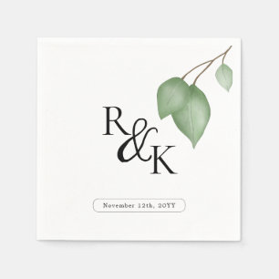 Eucalyptus Black & White Minimalist Monogram wedd Napkin