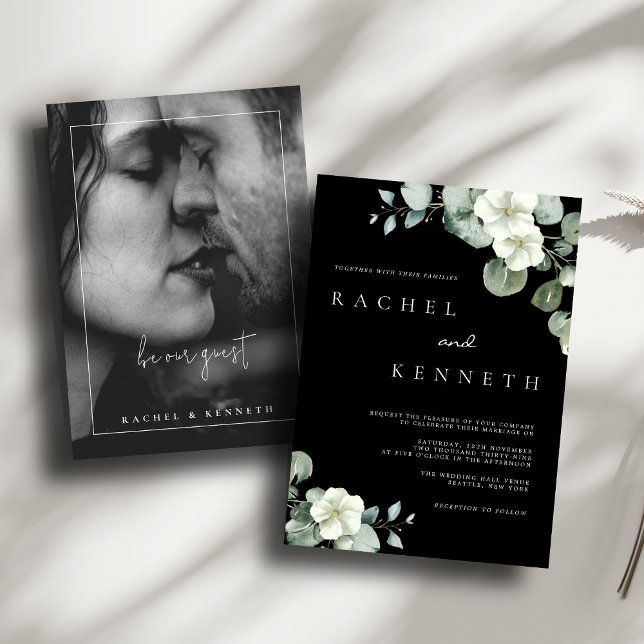 Eucalyptus Black & White Minimalist Photo Wedding Invitation (Creator Uploaded)
