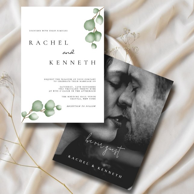 Eucalyptus Black & White Minimalist Photo Wedding Invitation (Creator Uploaded)