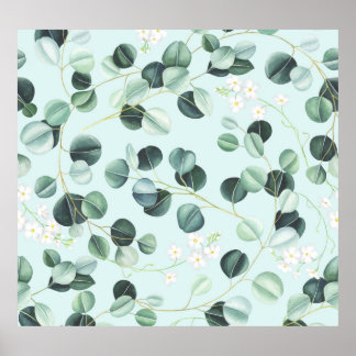 Eucalyptus Bliss: Turquoise Watercolor Pattern. Poster