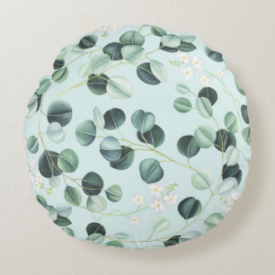 Eucalyptus Bliss: Turquoise Watercolor Pattern. Round Pillow
