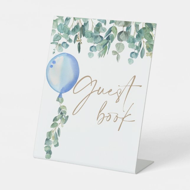 Eucalyptus Blue Balloon Baby Shower Guest Book Pedestal Sign (Front)