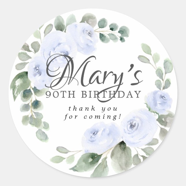 Eucalyptus Blue Floral 90th Birthday Thank You Classic Round Sticker (Front)