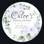 Eucalyptus Blue Floral Bridal Shower Thank You Classic Round Sticker<br><div class="desc">Perfect sticker for sealing bridal shower thank you notes or favours. Dusty blue roses nestled in eucalyptus leaves create a lovely botanical wreath. The bride's name is written in a large, feminine script text. This bridal shower sticker is part of the Blue Rose Botanical Collection. it contains many templates that...</div>