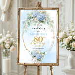 Eucalyptus & Blue Hydrangeas 80th birthday welcome Poster<br><div class="desc">✅ For matching items search 39-80 in my collections ✅
Celebrate 80 wonderful years with this watercolor hydrangea welcome sign. Dusty blue and gold florals create a soft,  elegant greeting perfect for an 80th birthday party. Boho eucalyptus accents and pastel hues bring timeless beauty to your celebration.</div>
