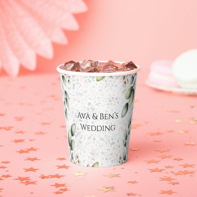 Eucalyptus Blush Alcohol Ink Wedding Paper Cups (Insitu)