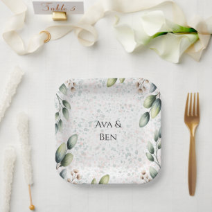 Eucalyptus Blush Alcohol Ink Wedding Paper Plate