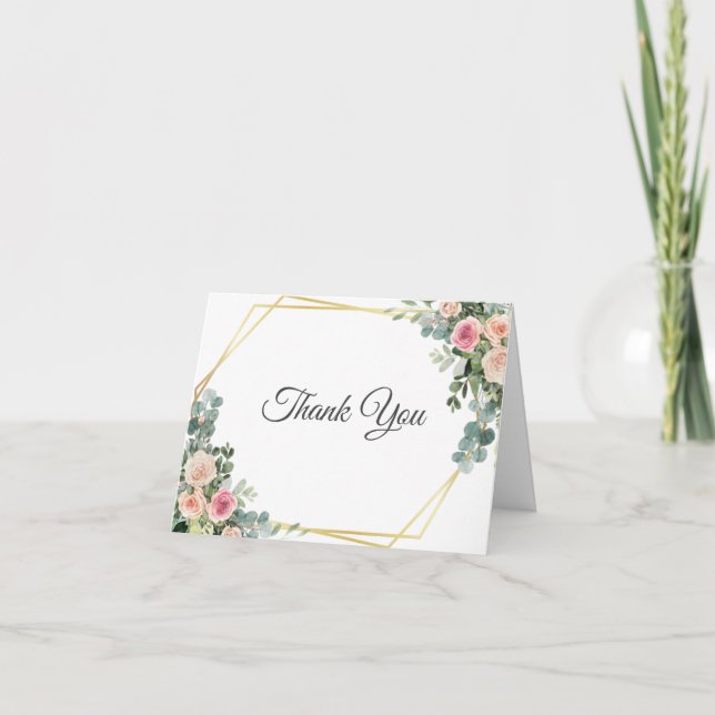 Eucalyptus Blush Pink Floral Geometric Wedding Tha Thank You Card (Front)