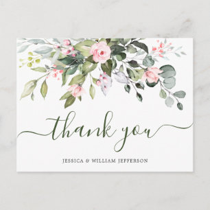 Eucalyptus Blush Pink Roses Wedding Thank You Postcard