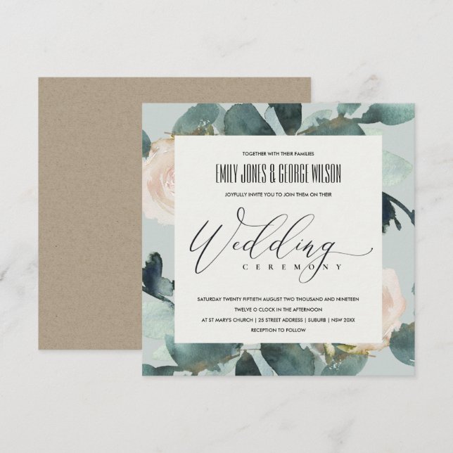 EUCALYPTUS BLUSH ROSE GREY KRAFT FOLIAGE WEDDING INVITATION (Front/Back)