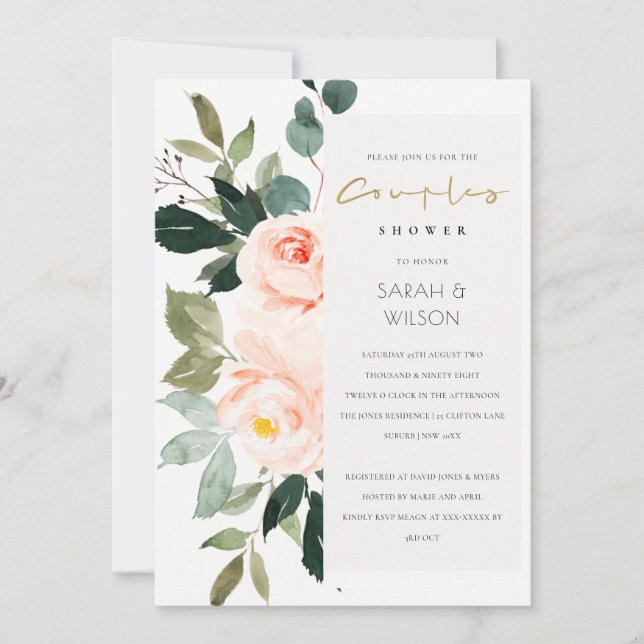 Eucalyptus Blush Rose Pink Couples Shower Invite (Front)